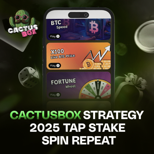 Smartphone screen showing CactusBox 2025 app interface with BTC Speed, X100 BTC Price, and Fortune Wheel games. Text reads: “CactusBox Strategy 2025 Tap Stake Spin Repeat.